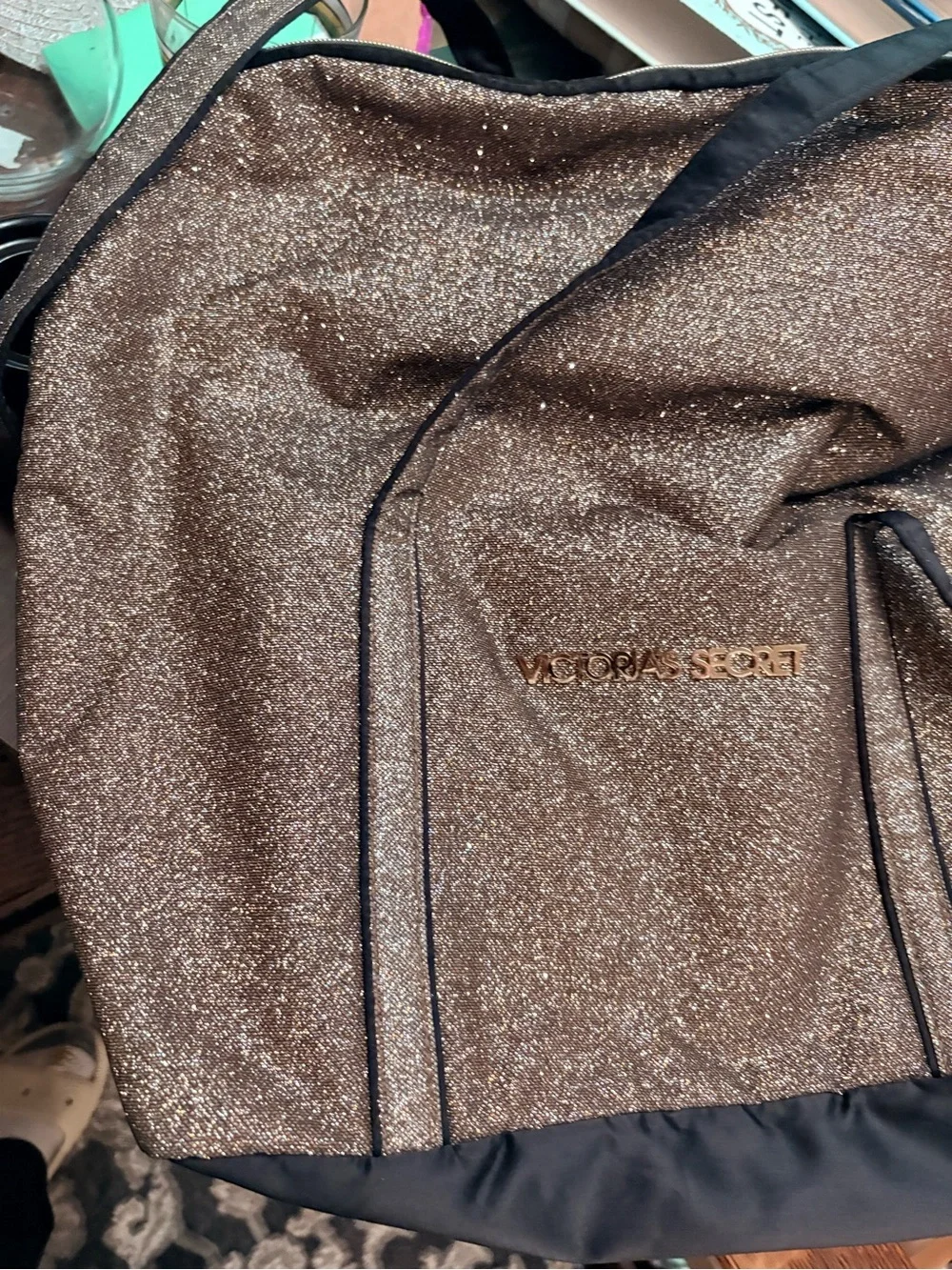 Victoria's Secret Gold Shimmer Sparkle w Black Weekender Bowler Tote 19” x 15”